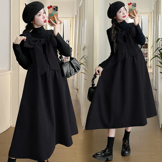 
Geman maternity suit autumn 2025 strap maternity dress fashionable fashionable pregnant mother high-end spring and autumn suit black base shirt + gray strap skirt two-piece set XL