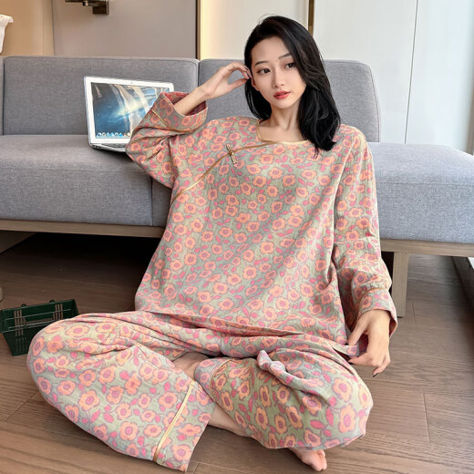 裁雨留虹胖mm睡衣女春秋大码复古中国风碎花棉纱家居服加肥加大200斤 yz16802 4XL  130-180斤