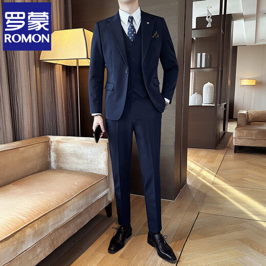 ROMON Costume simple léger et mature pour homme, grande taille, veste de costume, slim, pour les déplacements formels, marié, belle robe de mariée, costume bleu marine + gilet + pantalon + chemise blanche et cravate 2XL (54)