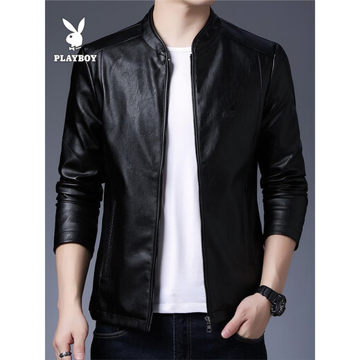 Playboy (PLAYBOY ICON) 2024 new PU leather men's leather jacket Korean style trend autumn and winter leather jacket motorcycle plus fleece jacket handsome trend MT-2079 black plus fleece 4XL