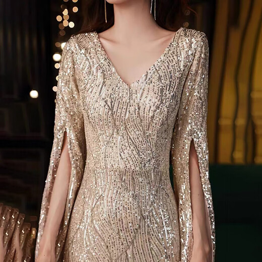Noliti Bankettkleid Damen 2025 Neues Stil Temperament Langarm jährliche Meeting Gastgeber Langes Fisch Rückgang Luxus Nische High-End-Champagnerfarbe Long XL