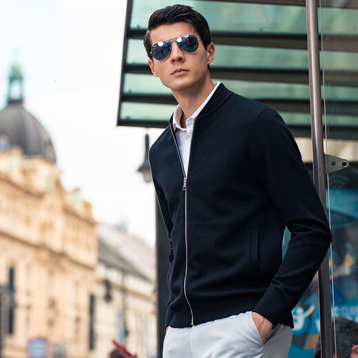 
Mr. Bu star's new style spring and autumn jacket for men's wool knitted cardigan jacket long sleeve solid color clothes middle-aged piano black L (175)
