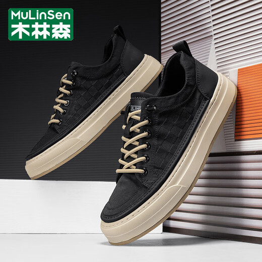 Mulinsen (Mulinsen) Brand Herrenschuhe 2025 Frühlings- und Sommer-Mode-Trend-Leinwandschuhe weiche Sohle-Kee-Resistante Brettschuhe atmungsaktive Freizeitschuhe Herrenschwarz (Markenschuhe für Männer) 41