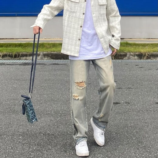 ZHIDOUDOU夏季新款美式高街复古做旧破洞拉链黄泥染水洗牛仔裤子休闲男女款 叁牛-9756 S  收藏优先发货