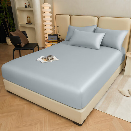 MUJI pure cotton fitted sheet cover 1.8x2 meters 100% cotton fitted sheet single piece Simmons all-inclusive mattress cover dustproof protective cover baby blue 100% cotton skin-friendly naked sleeping three-piece set-180x200cm fitted sheet + pillowcase pair