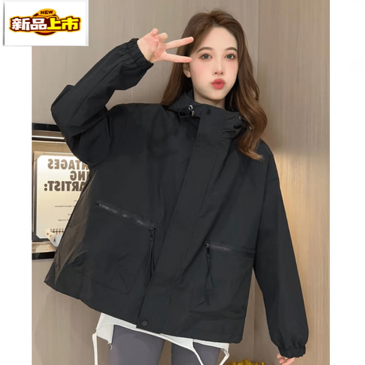 First diameter solid color zipper hooded small windbreaker for women 2026 new loose and flesh-covering casual three-dimensional cropped short coat khaki with lining M Recommended under 110