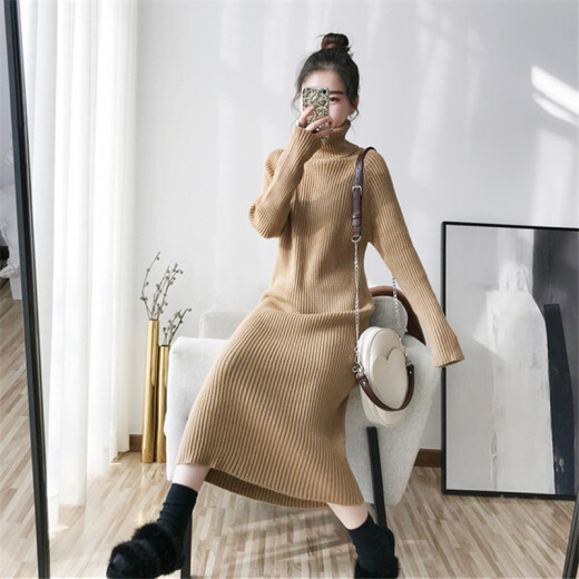 Fanshu Dress Women's 2020 Autumn Internet Celebrity Extended Sweater Skirt Over the Knee Thickened Inside High-neck Knitted Bottoming Shirt Mid-Length Skirt yw2521 Black One Size