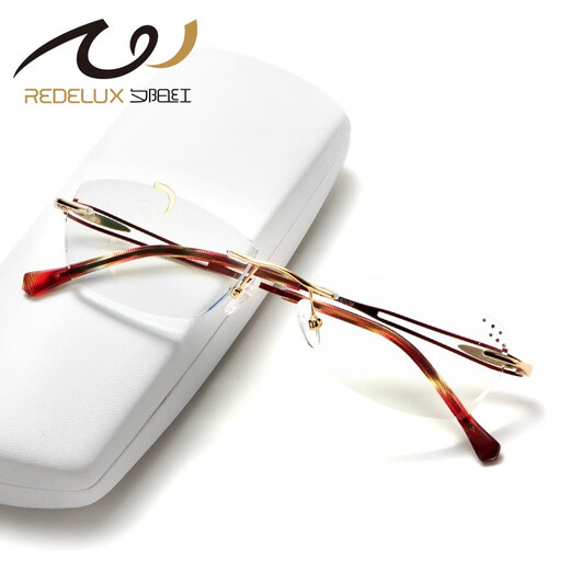 Sunset Red Titanium Frame anti-bleue Luries de lecture de lumière pour hommes sans cadre coupé Edge Hd Ultra Light Presbyopie Eyes Old Man's Lunes E9023 Titanium 200 degrés recommandés 55-59 ans