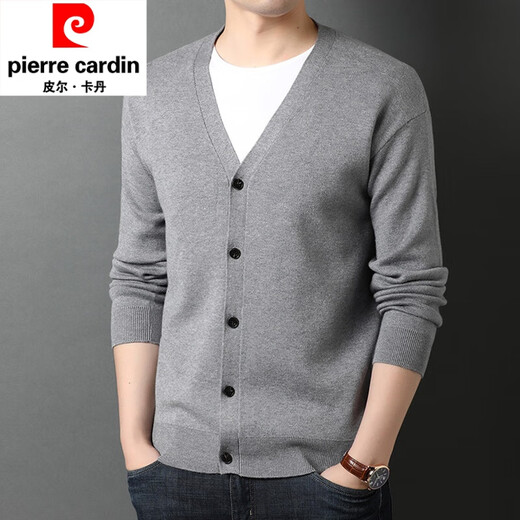 Pierre cardin knitted cardigan men's v-neck sweater spring and autumn solid color casual wool jacket thick outer thread trend GRYH012 black 175/XL