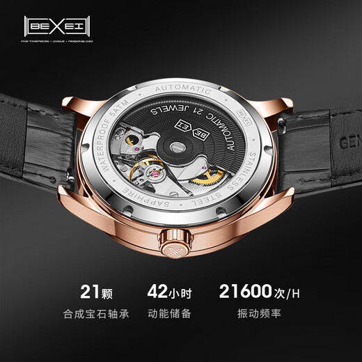 BEXEI彼赛十大名表品牌手表男士全自动机械表防水夜光腕表男友爸爸礼物 玫瑰金-9227
