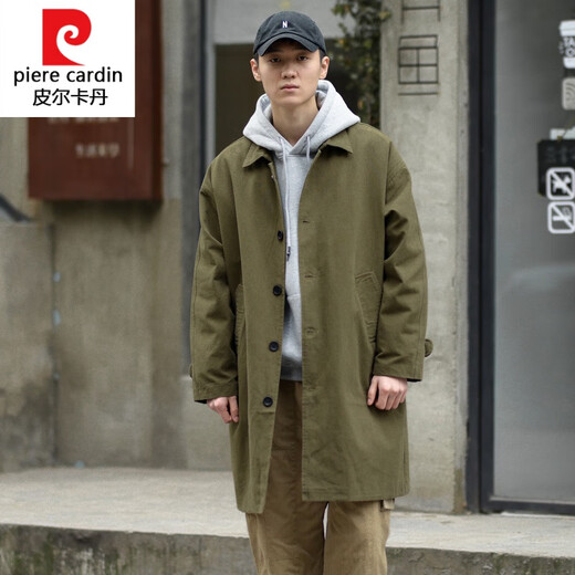 皮尔卡丹（pierre cardin）针织春季日系复古纯色工装中长款风衣男青年宽松休闲翻领大衣外套 卡其色 M 170