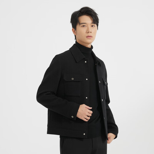 Lilang Light Fashion Men's Clothing Jacquard Woolen Coat Men's Short Lapel Workwear Wool Jacket Q4DYR101 Black 3XL (185)