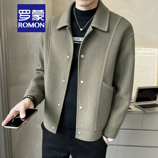 ROMON high-end light luxury autumn and winter short double-sided wool coat for men Korean style slim and handsome casual woolen coat for men 96015 gray green (wool 68.2%) XL 155Jin Jin is equal to within 0.5 kg