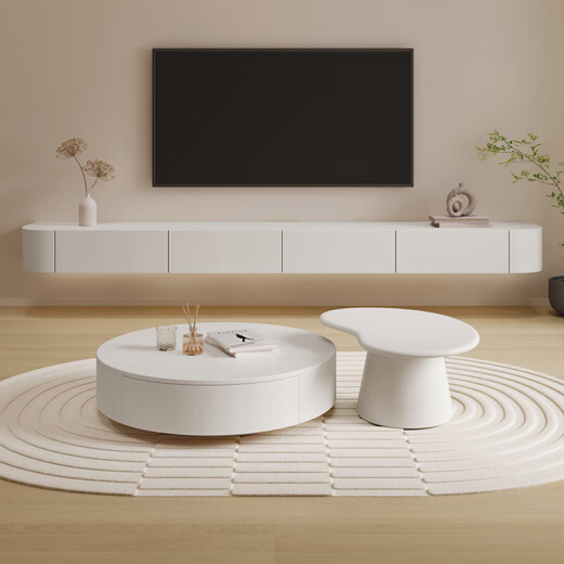 Cream style coffee table Internet celebrity cream style white paint large and small living room home modern simple round coffee table TV cabinet combination 2.4 meters integrated hanging TV cabinet complete