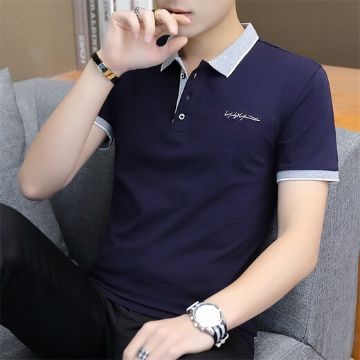 罗蒙T恤男士夏季时尚Polo领打底衫修身内搭短袖商务刺绣翻领男装上衣 117灰色+125深蓝短款袖 XL