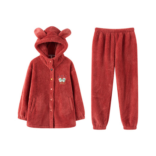 Fenton couple's pajamas autumn and winter hooded double-sided Nanfu foam warm and comfortable set home wear pajamas set Maple leaf red (women's style) 2XL