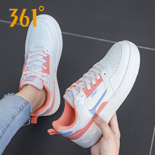 361 women's shoes, leather casual shoes 2025 summer new white shoes, waterproof skateboard shoes, height-enhancing sports shoes for women, feather white/pink orange 6623 35