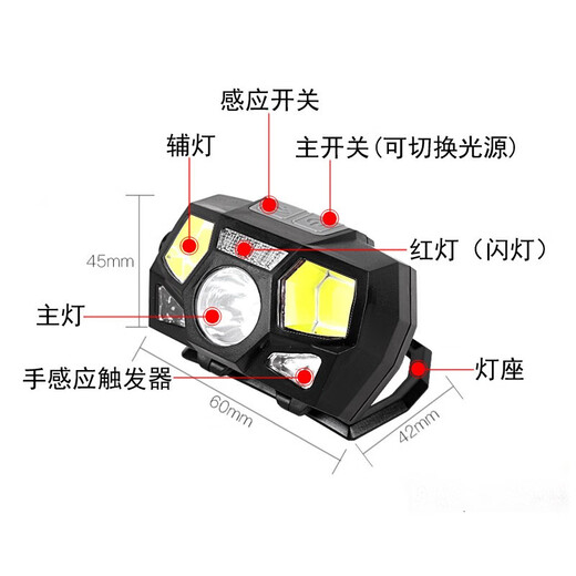 Battlefield camp strong light XPE+COB+red light USB charging led induction headlight waterproof night fishing cycling camping mountaineering headlight headlight black + helmet bracket