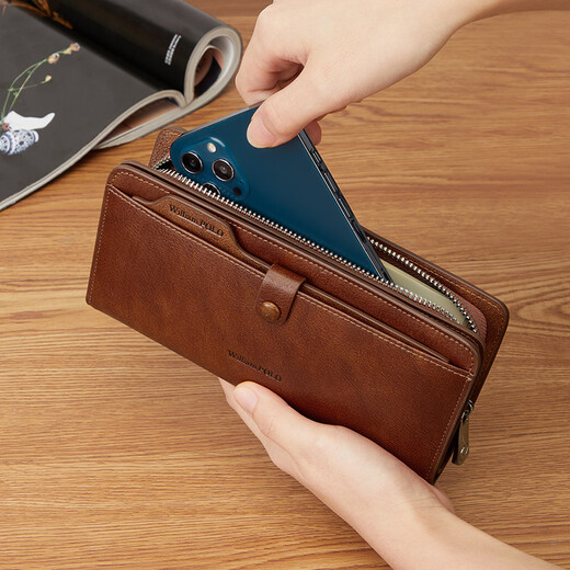 Williampolo Herren Brieftasche Langes Leder-Brieftasche Cowide Reißverschluss Bankkarte Chinesische Vatertagsgeschenk für Papa Retro Yellow-Brown (Theke Geschenkbox)