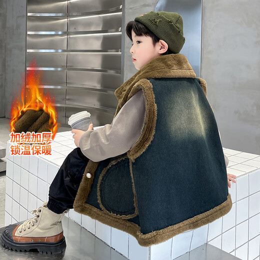 Fairy Tale Classroom Children's Thickened Denim Vest Jacket to Wear 2024 Winter Boys' New Warm Vest for Medium and Large Children Blue 160cm Recommended height is around 145-155cm