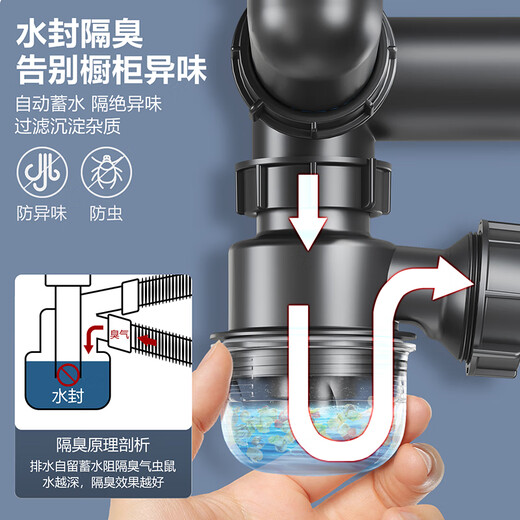 洗菜盆下水管厨房下水套装洗碗池水槽下水道排水管双槽配件9227 后置式节省空间水槽双槽下水