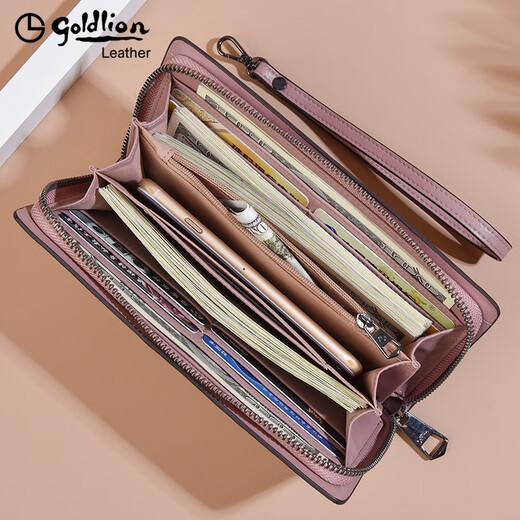 Goldlion wallet women's long zipper clutch 2025 new fashion large capacity multi-function women's wristband handbag pink taro color [official authorization - one fake one and ten fines]