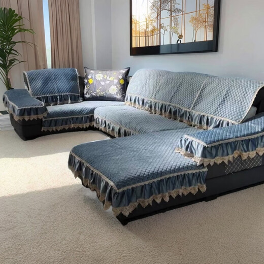 Universal anti-slip U-shaped sofa cushion for all seasons, full set of imperial concubine left and right universal sofa cushion backrest towel, Dutch velvet, gray, nine-piece set, complete set
