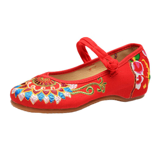 Pájaros carpinteros viejos zapatos de tela de tacón beijing zapatos de bordado étnico más alto tendón de carne de res zapatillas de baile hanfu zapatos de solteros casuales de mujeres en rojo kasyapa 34 tacones 3 cm