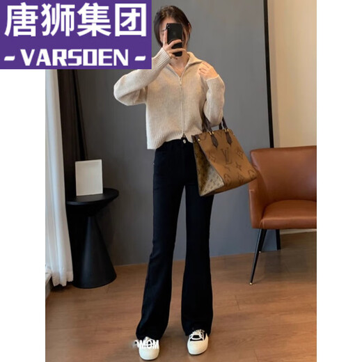VARSDEN Tangshi Group plus velvet jeans for women in autumn and winter 23 new pear-shaped body high waist slim and elastic trousers black slightly flared nine-point [adding plus velvet thickened] L 106-115Jin [Jin equals 0.5 kg]