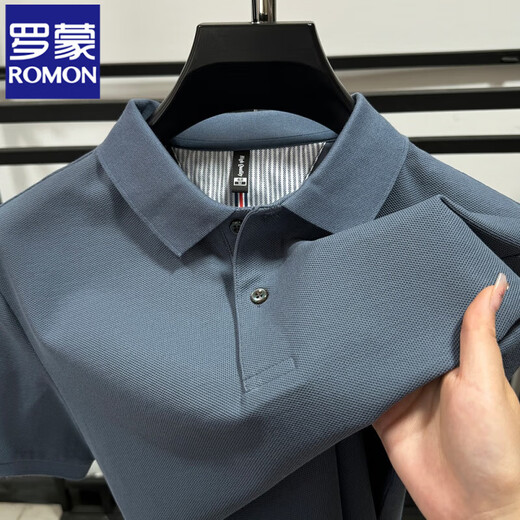 
ROMON 100% pure cotton long-sleeved T-shirt men's spring and autumn polo shirt 2024 heavy bead floor cotton lapel sweatshirt base T-shirt dark gray L /50