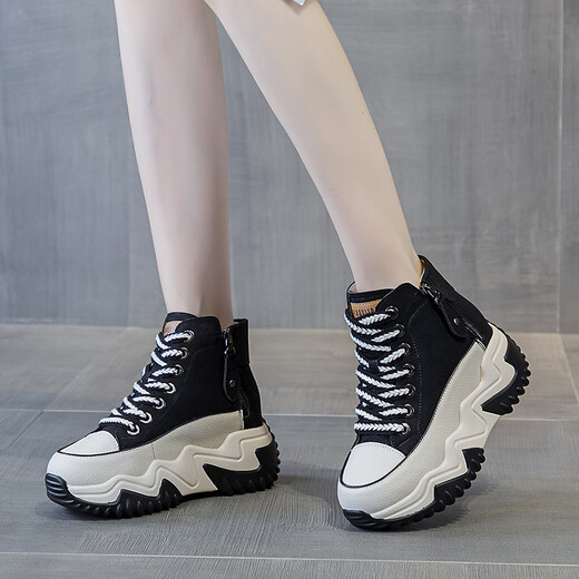 OTMX Dad Schuhe Frauen lässige Schuhe Cowide High Top Frauenschuhe 2025 Frühling und Herbst Neue, vielseitige, dick-lockige Reise-Sneakers 677 Beige Plus Velvet 36