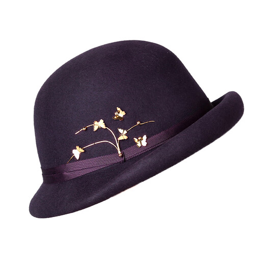 Lan Shimeng wearing top hat 2024 new butterfly embellished wool curled basin hat for women in autumn and winter, warm and fashionable, small fisherman hat with face, deep burgundy, one size fits all for adults (hidden adjustment 56-57.5cm)