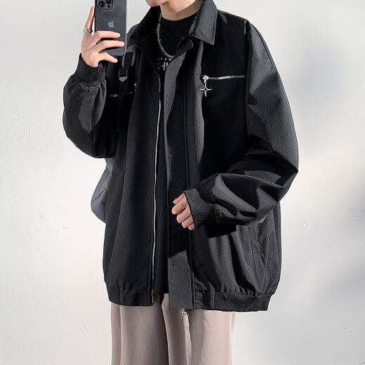 Foss Phil American lapel jacket for men in spring, autumn and winter, trendy loose and handsome Korean style design casual jacket tops MYY-MYJ23-752 black L recommended 125-145Jin Jin is equal to 0.5 kg