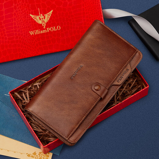 Williampolo Herren Brieftasche Langes Leder-Brieftasche Cowide Reißverschluss Bankkarte Chinesische Vatertagsgeschenk für Papa Retro Yellow-Brown (Theke Geschenkbox)