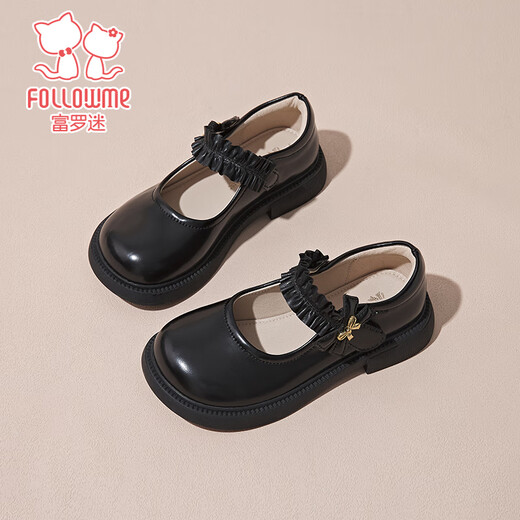 Fuluo Fan Girls' Leather Shoes Spring and Autumn New Square-Odor Breathable Soft Sole Single Shoes Children's Campus Performance Shoes Black 30