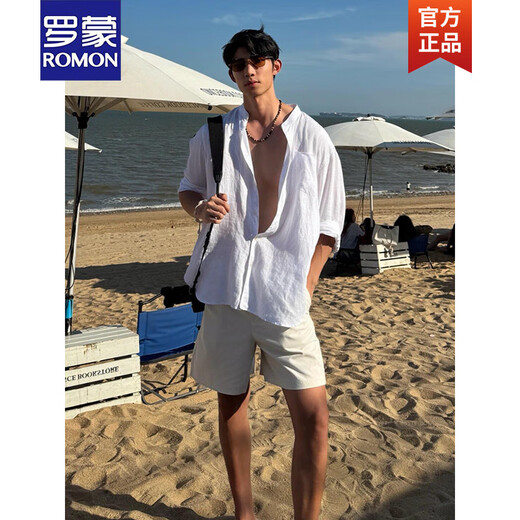 ROMON white Henry collar linen shirt men's summer and autumn old money style high-end sun protection shirt casual vacation style jacket black upgrade 90 buyers choose M 105120Jin Jin equals 0.5 kg