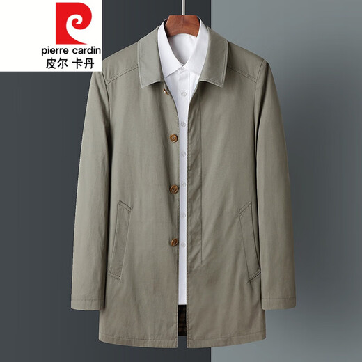 Pierre Cardin Autumn Buttoned Windbreaker Men's Middle-aged Cotton Lapel Mid-Length Washed Cotton Loose Large Size Grandpa Spring Jacket Pin Dark Khaki XL 180