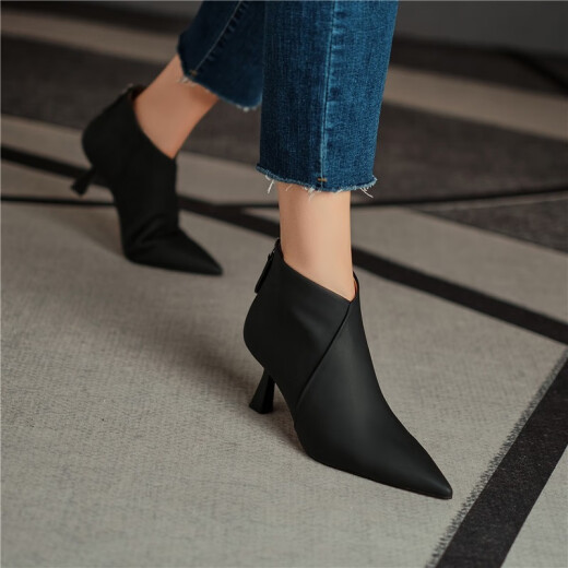 Catafed Kissing Belle Cat Stiletto High Heel Women's Boots Pointed Toe High Heel Short Boots Women's Autumn Single Boots Back Zipper High Heel Ankle Boots Fashion Nude Boots Women's Large Size Customized Black 36
