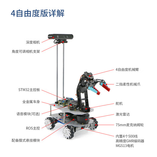 WHEELTEC ROS机器人6自由度机械臂Moveit视觉抓取R550A树莓派麦轮履带无人小车激光雷达导航orin nano 【Orin Nano 8GB版】6自由度麦轮版