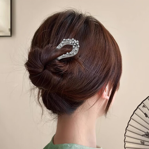 苏十六珍珠叶子发钗女2024新款后脑勺高级感盘发簪子新中式简约U型发簪 珍珠叶子U型簪