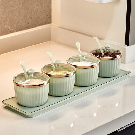 BEiSHAN glass seasoning box salt and chicken essence seasoning box seasoning storage box home kitchen seasoning jar with spoon set light luxury with base four jar seasoning box light green