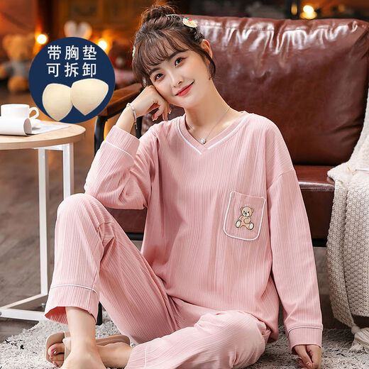 Commander Xiong's pajamas with bra, long-sleeved autumn and winter new style pajamas with breast pads for women in spring and autumn, long-sleeved trousers plus large breast pads 6913 10XL m80-100Jin [Jin equals 0.5 kg]
