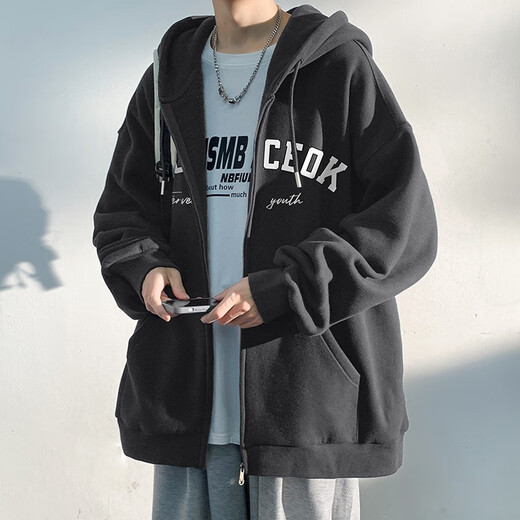 百鹊亭夹克男2025春夏季美式潮牌运动连帽开衫外套男青少年时尚卫衣男 杏色 L