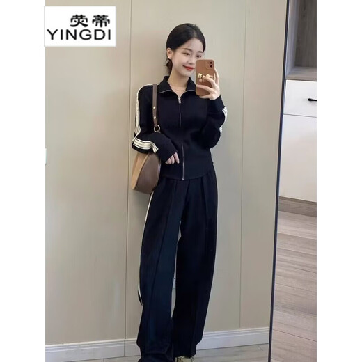 Fyling (YINGDI) sense casual sports suit for women Spring and Autumn European black sweatshirt women casual pants two-piece set small fragrance style age-reducing black suit M
