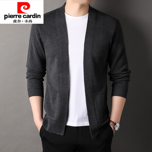 Pierre Cardin high-end wool sweater men's knitted cardigan spring and autumn new solid color fashion versatile casual black sweater jacket black L 170/ (suitable for weight 120-140)