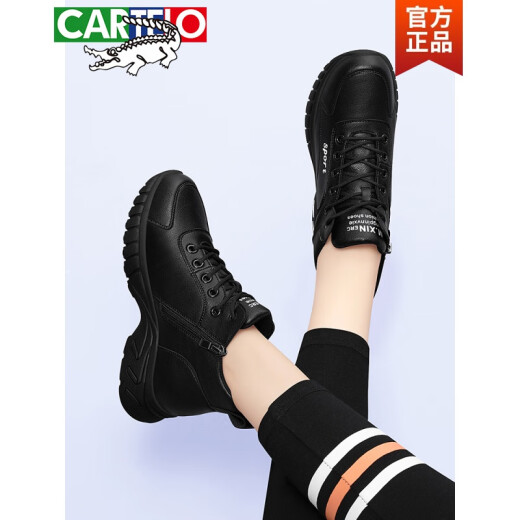 CARTELO Genuine Leather Sports Shoes Women's Black 2024 Autumn and Winter New Soft Sole High Top Mom Leather Shoes Dad Sports Shoes JST11111 Black Red [Single Mile] 35
