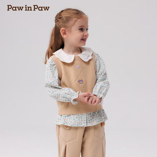 PawinPaw cartoon bear children's clothing autumn and winter baby girl's two-piece vest shirt sweet and popular Beige beige/35 90 cm