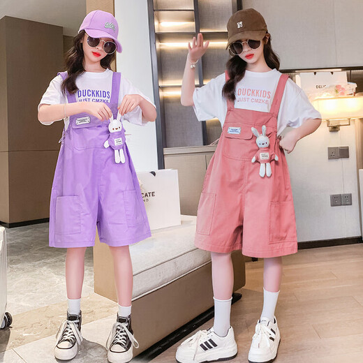 女童夏季背带裤短袖套装2025新款儿童夏季薄款衣服洋气女大童夏装 粉色 160