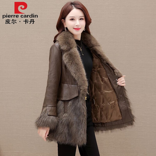 Pierre Cardin leather and wool one-piece parka jacket for women 2024 new autumn and winter fashion age-reducing loose thickened down coat brown coat thickened L