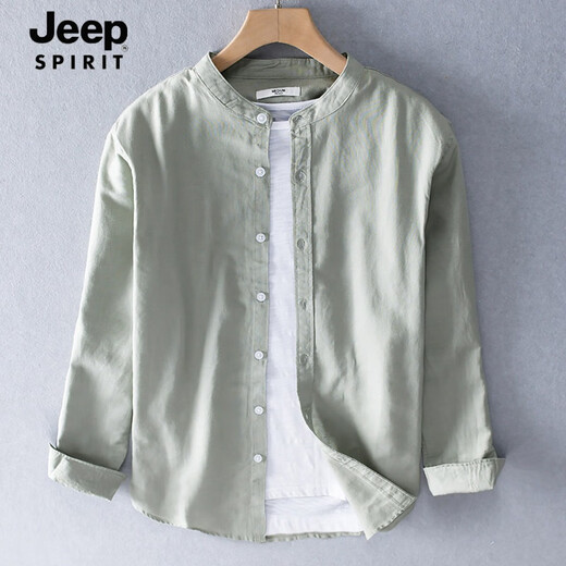 JEEP SPIRIT весенне-летняя льняная рубашка с круглым вырезом, мужская с небольшим воротником-стойкой, повседневная рубашка с длинными рукавами, куртка без воротника, верхняя одежда из хлопка и льна, тонкая 9207, зеленый в стиле милитари M